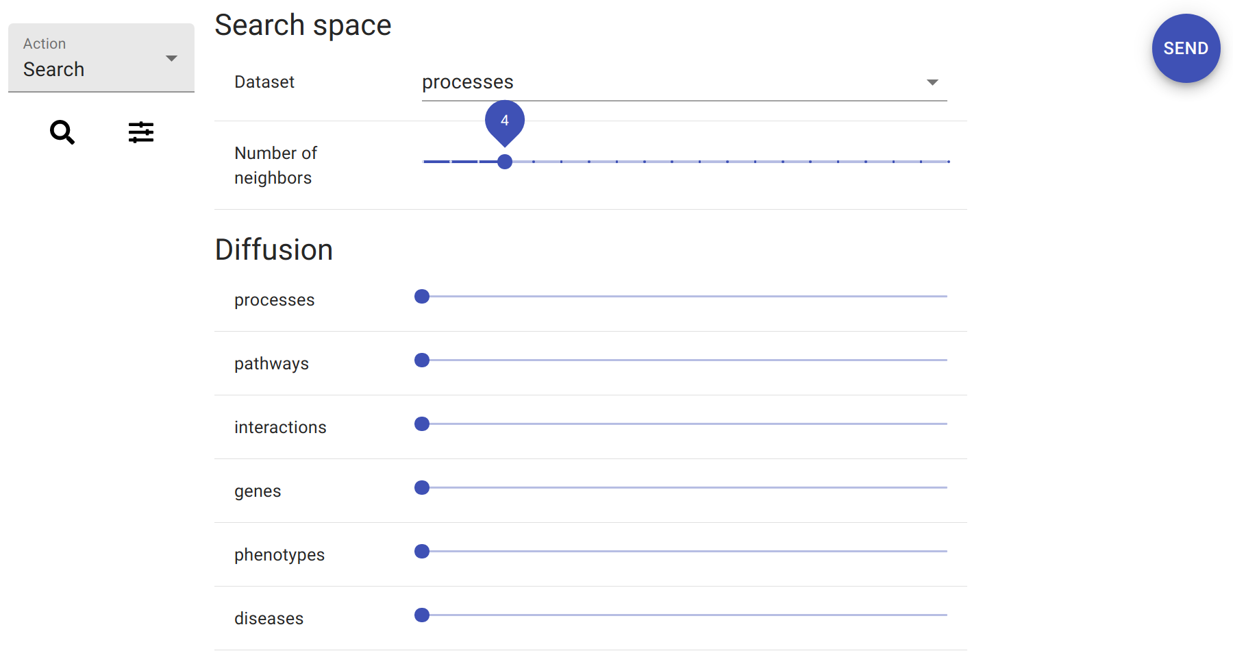 settings, including target dataset, number of hits, diffusion